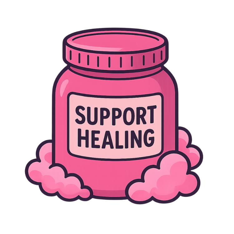 Pink jar labeled Support Healing with clouds