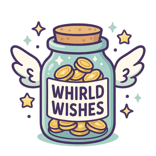Jar labeled Whirld Wishes filled with golden coins