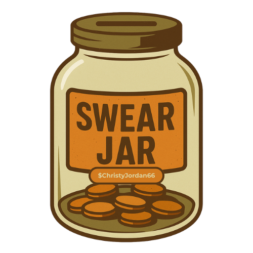 Jar labeled "Swear Jar" with coins