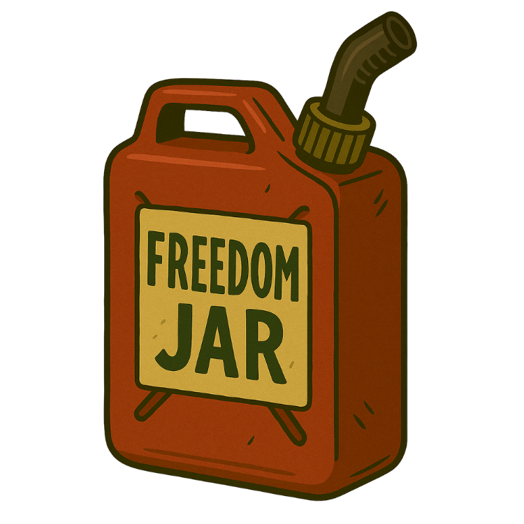 Red gas can labeled "FREEDOM JAR