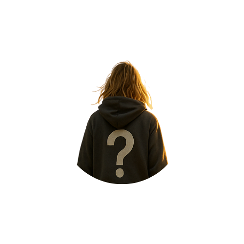 Back view of person wearing question-mark hoodie