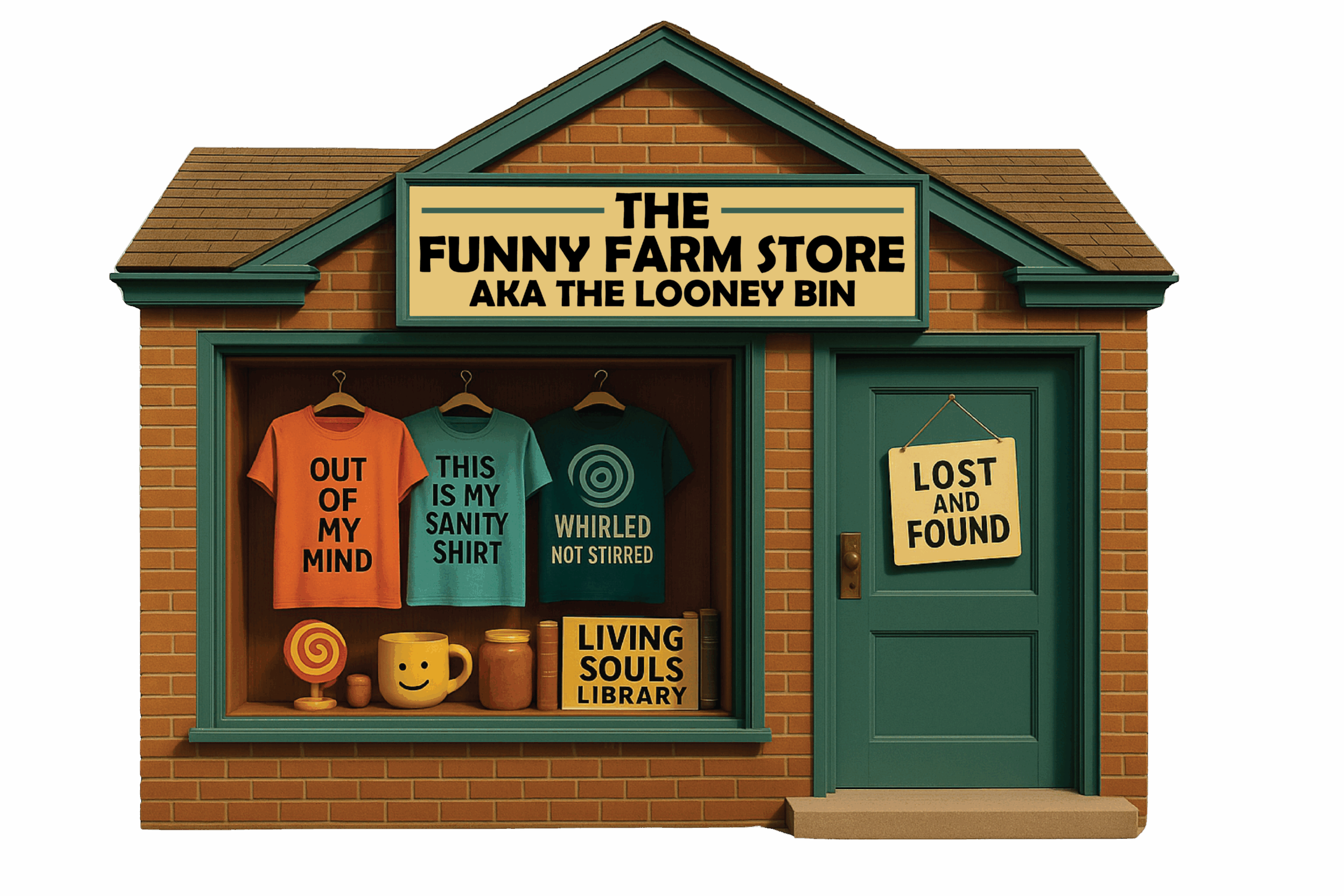 Novelty storefront with humorous shirts and signs