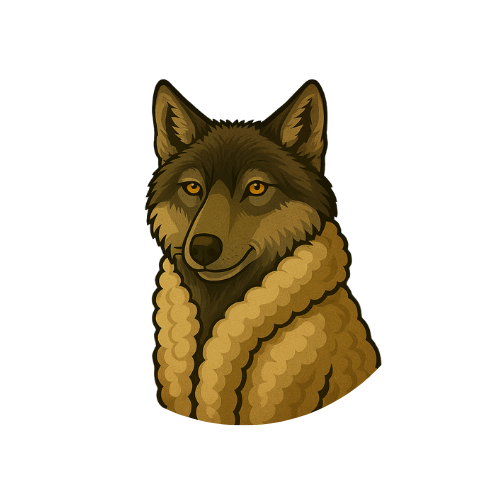 Stylized wolf wearing golden fur coat