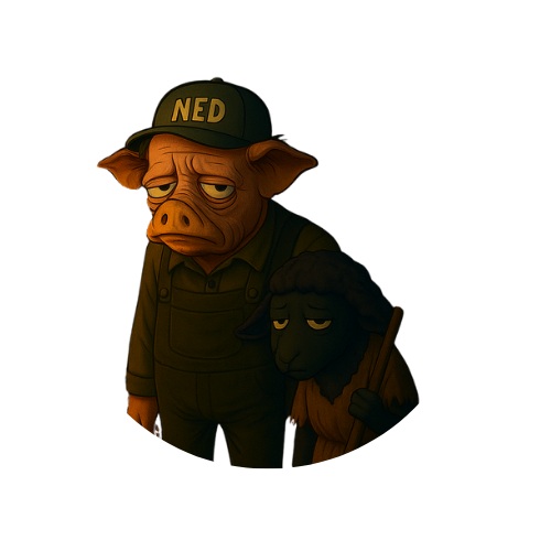 Somber cartoon pig and sheep duo