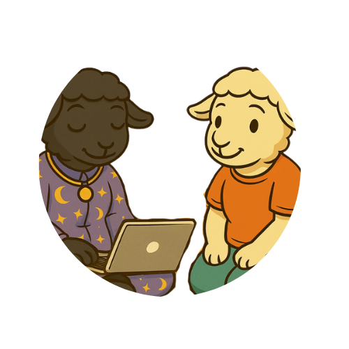 Two cartoon sheep, one using a laptop