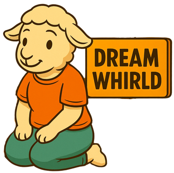 Cartoon sheep kneeling beside Dream Whirld sign