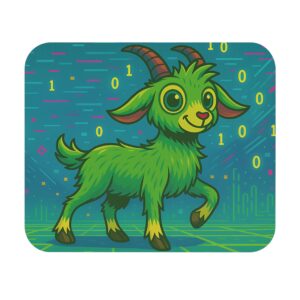 Cute green cartoon goat with binary code