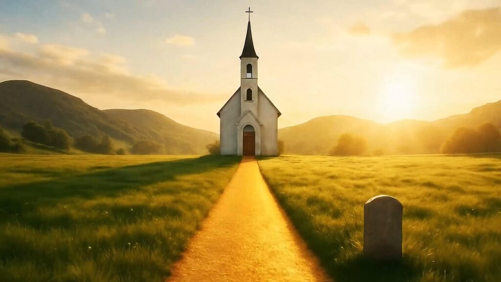Small rural church with path and gravestone